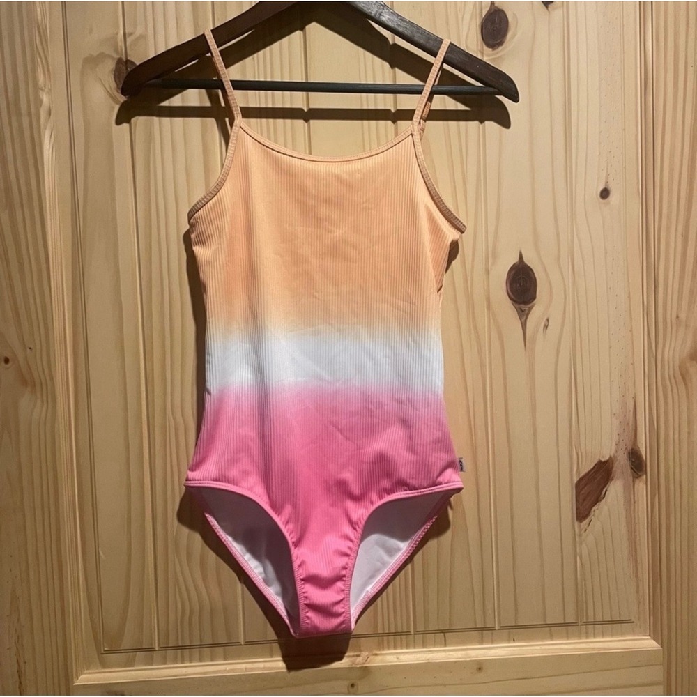 Abercrombie Kids Girls Ombre Ribbed One Piece Swimsuit Orange Pink White 13/14